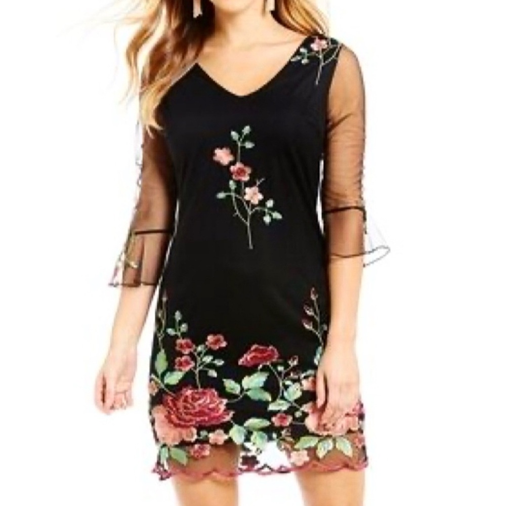 Honey and Rosie Black Mesh Floral Embroidered Dress Sheer Sleeves Size Small